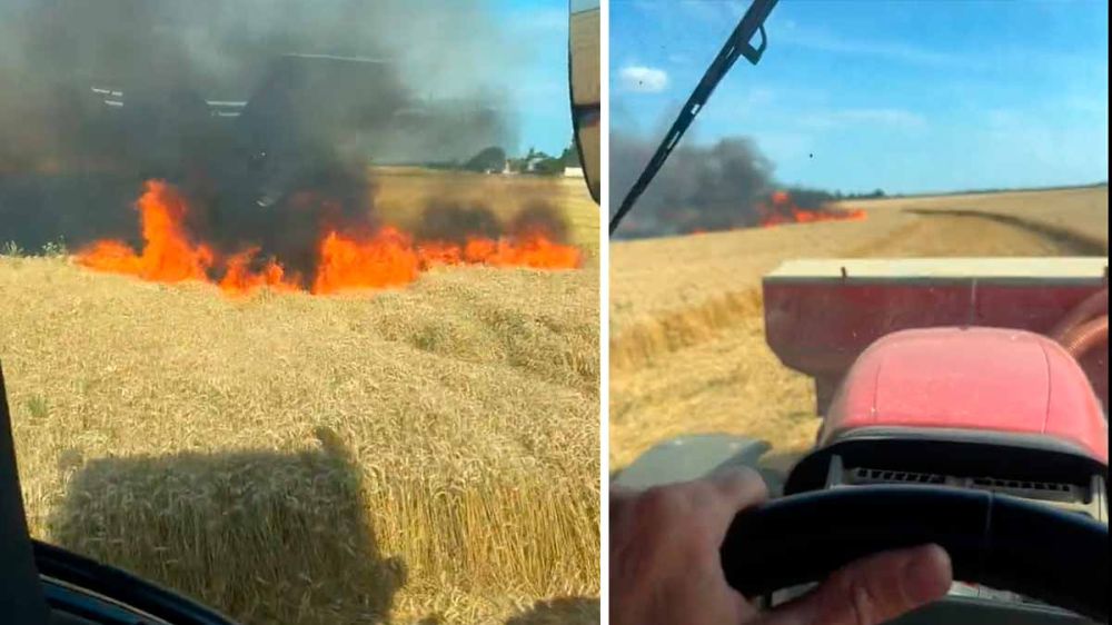Un agricultor lucha con su tractor contra el incendio que arrasa sus cultivos