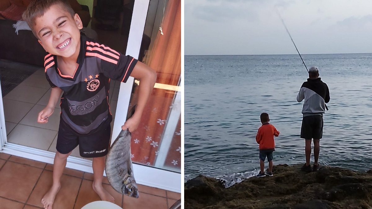   pescador de 5 años pesca gran sargo