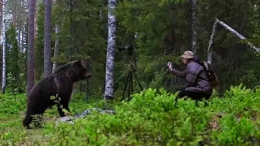 Un naturalista utiliza un espray repelente para ahuyentar a un oso