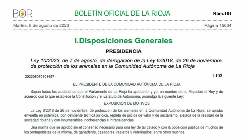 Hoy es oficial: adiós a la ley de protección animal de La Rioja
