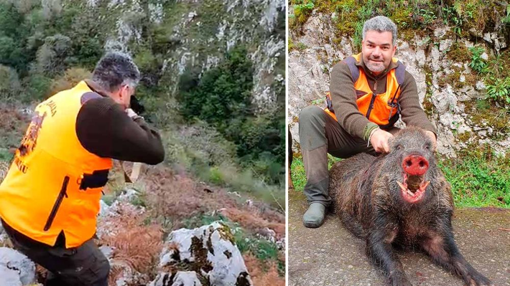 Este cazador abate un enorme jabalí en un lance de montaña en Asturias